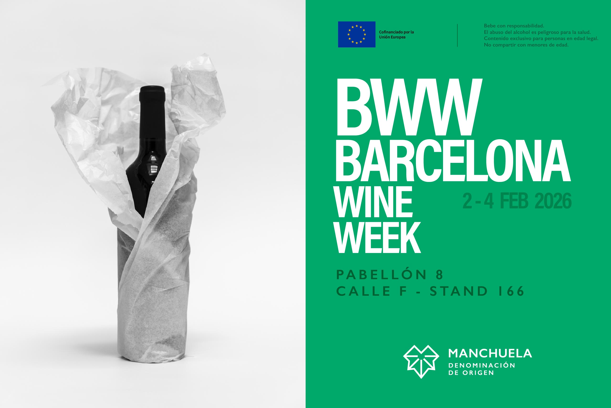 Stand de la D.O. Manchuela con botellas de vino Bobal en la feria Barcelona Wine Week.