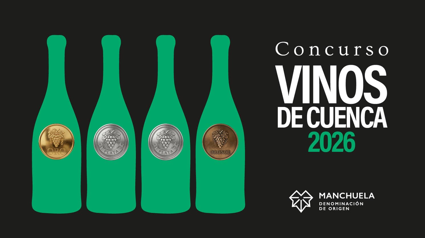 Infografía oficial de la Denominación de Origen Manchuela para el Concurso Vinos de Cuenca 2026, mostrando cuatro siluetas de botellas verdes con los metales obtenidos: una medalla de oro, dos medallas de plata y una medalla de bronce sobre fondo negro.