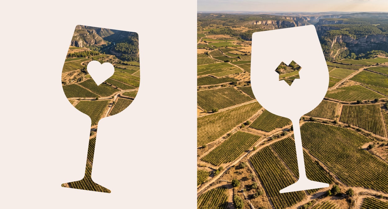 Composición gráfica con la silueta de una copa de vino y un corazón recortados sobre una vista aérea de viñedos en La Manchuela, simbolizando el arraigo del sector vitivinícola y su impacto en el desarrollo rural.