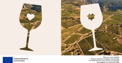 Composición gráfica con la silueta de una copa de vino y un corazón recortados sobre una vista aérea de viñedos en La Manchuela, simbolizando el arraigo del sector vitivinícola y su impacto en el desarrollo rural.