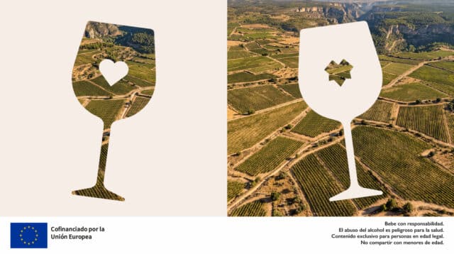 Composición gráfica con la silueta de una copa de vino y un corazón recortados sobre una vista aérea de viñedos en La Manchuela, simbolizando el arraigo del sector vitivinícola y su impacto en el desarrollo rural.